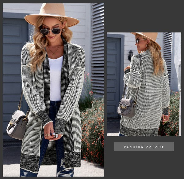 Gray Plaid Knitted Long Open Front Cardigan