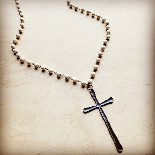 White Beaded necklace with Antique Copper Cross