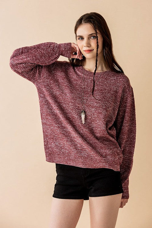 Round Neck Balloon Sleeve Heathered Sweater