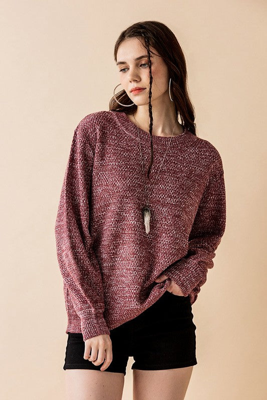 Round Neck Balloon Sleeve Heathered Sweater