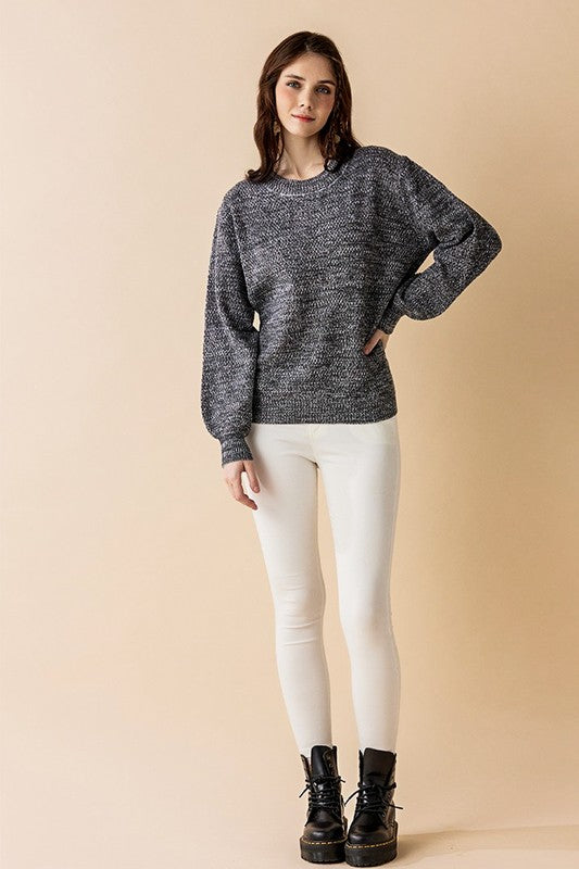 Round Neck Balloon Sleeve Heathered Sweater