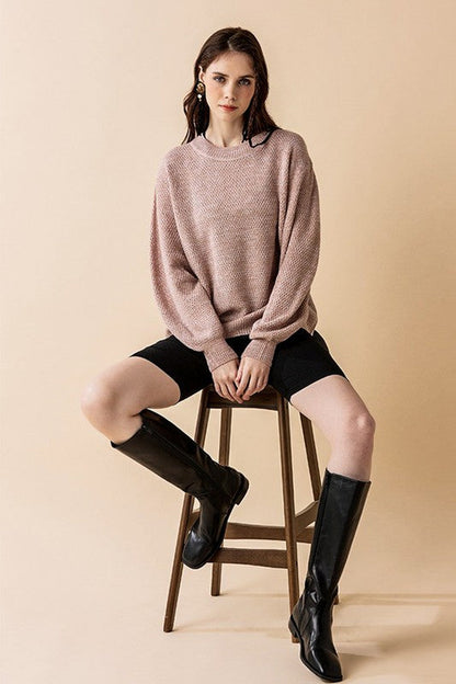 Round Neck Balloon Sleeve Heathered Sweater