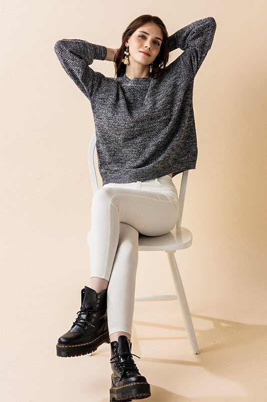 Round Neck Balloon Sleeve Heathered Sweater