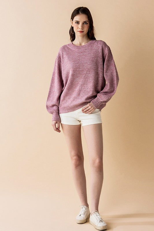 Round Neck Balloon Sleeve Heathered Sweater