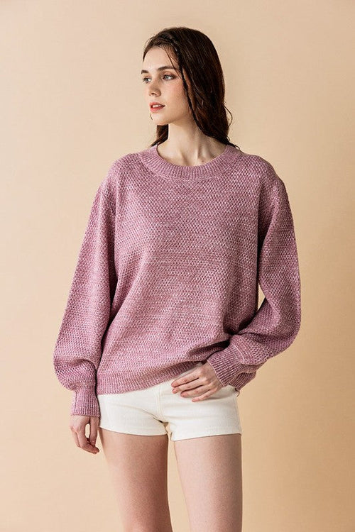 Round Neck Balloon Sleeve Heathered Sweater
