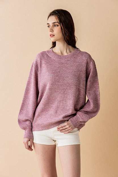 Round Neck Balloon Sleeve Heathered Sweater