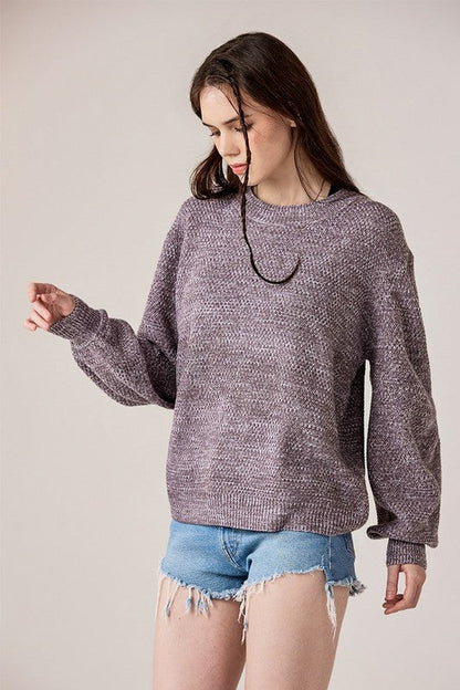 Round Neck Balloon Sleeve Heathered Sweater