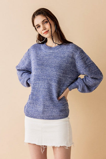 Round Neck Balloon Sleeve Heathered Sweater