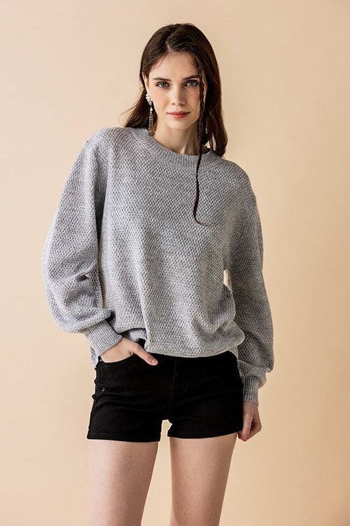 Round Neck Balloon Sleeve Heathered Sweater