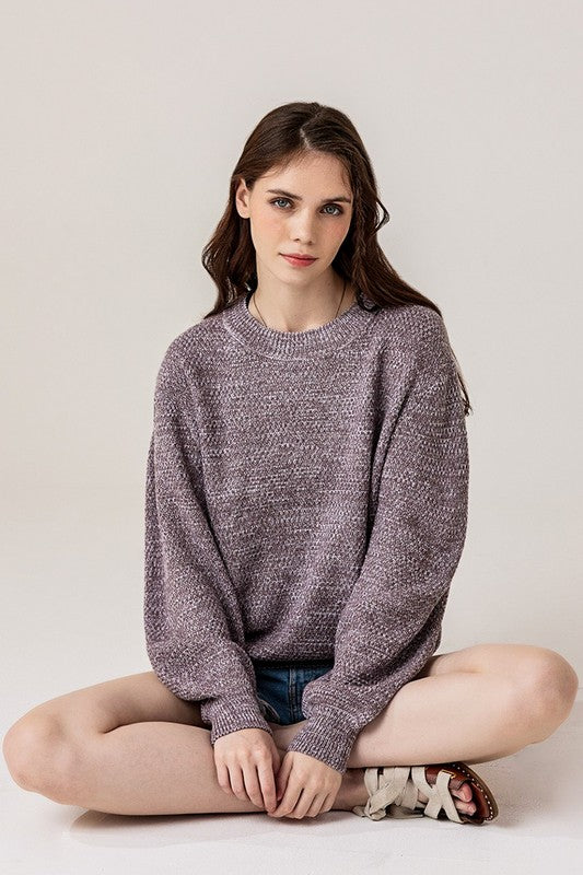 Round Neck Balloon Sleeve Heathered Sweater