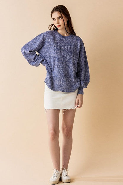 Round Neck Balloon Sleeve Heathered Sweater