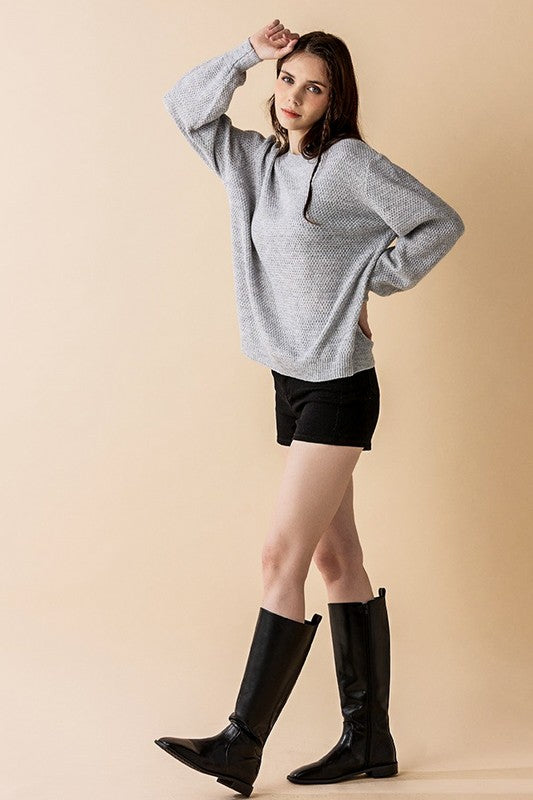 Round Neck Balloon Sleeve Heathered Sweater