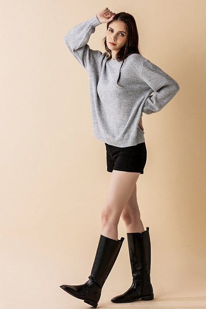 Round Neck Balloon Sleeve Heathered Sweater