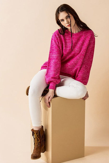 Round Neck Balloon Sleeve Heathered Sweater
