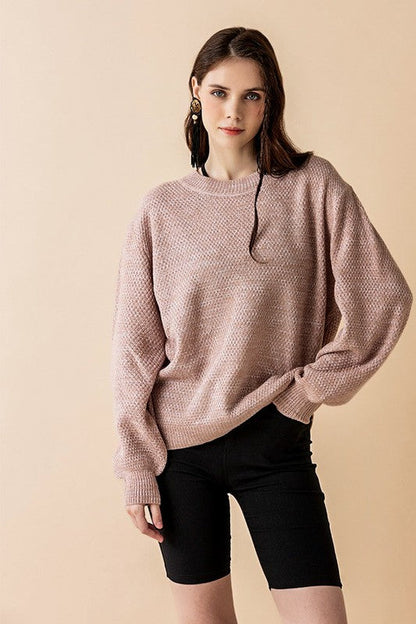 Round Neck Balloon Sleeve Heathered Sweater