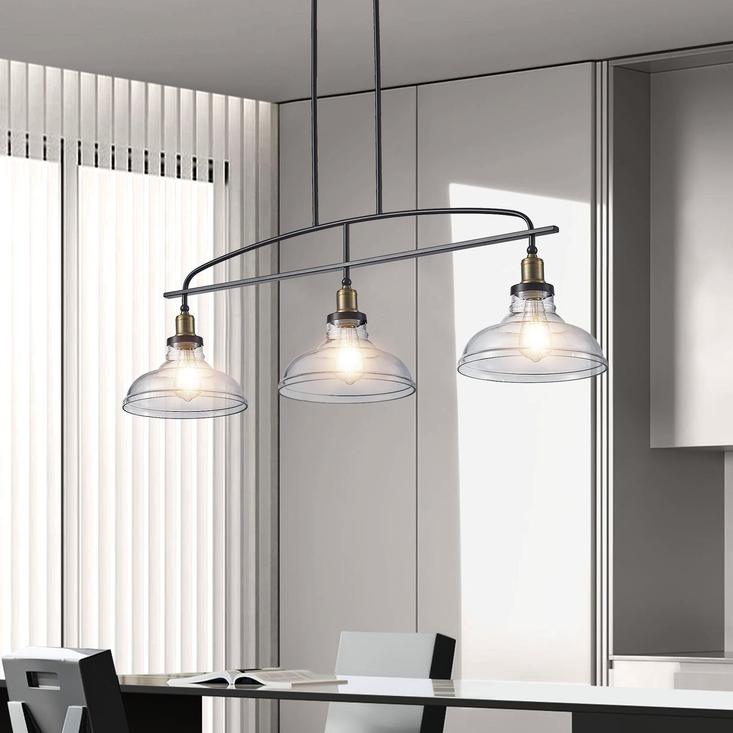 45' Industrial 3-Light Pendant Chandelier with Clear Glass Shades,