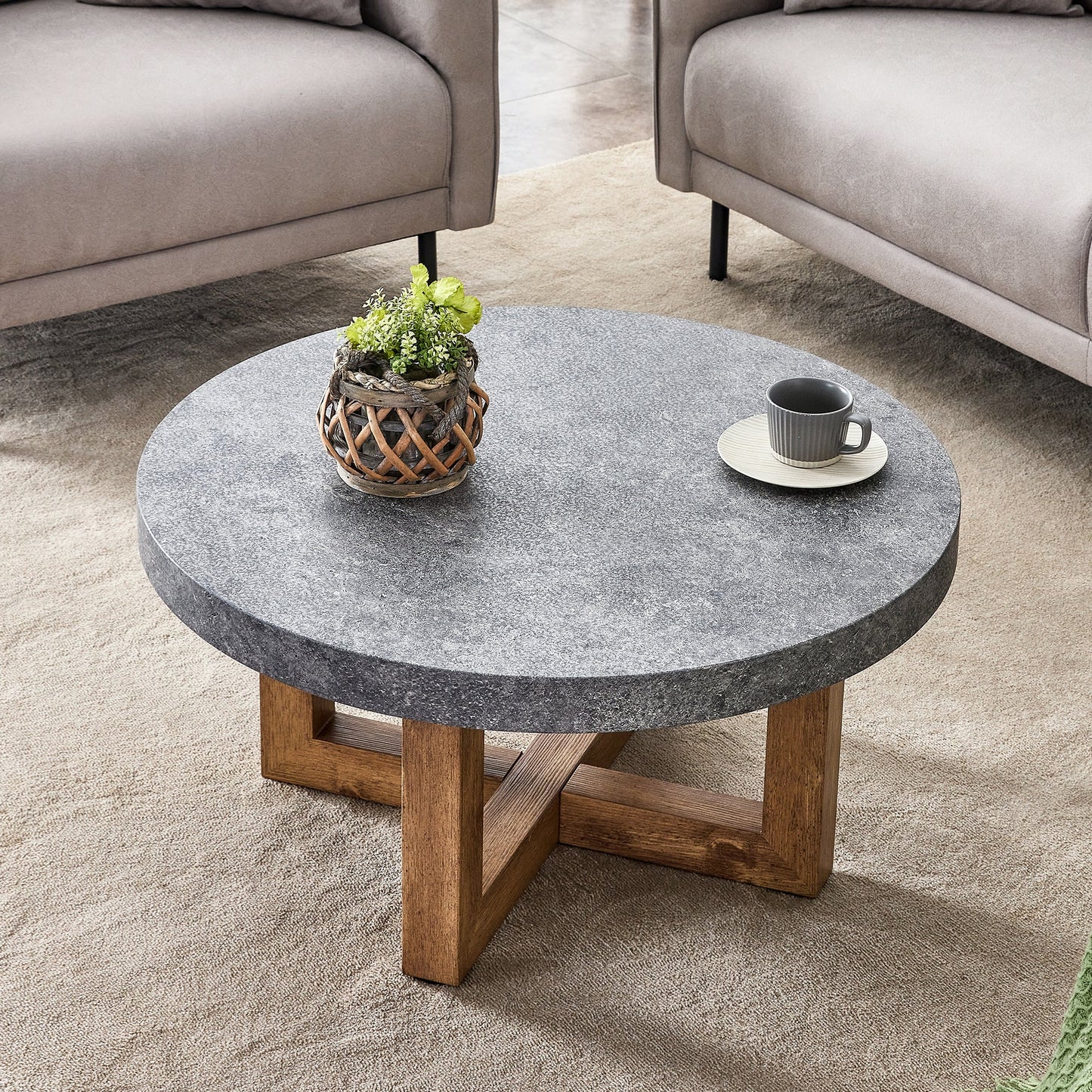 Modern Retro Gray Texture MDF Round Coffee Table with Crossed Legs,