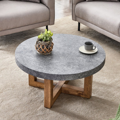 Modern Retro Gray Texture MDF Round Coffee Table with Crossed Legs,