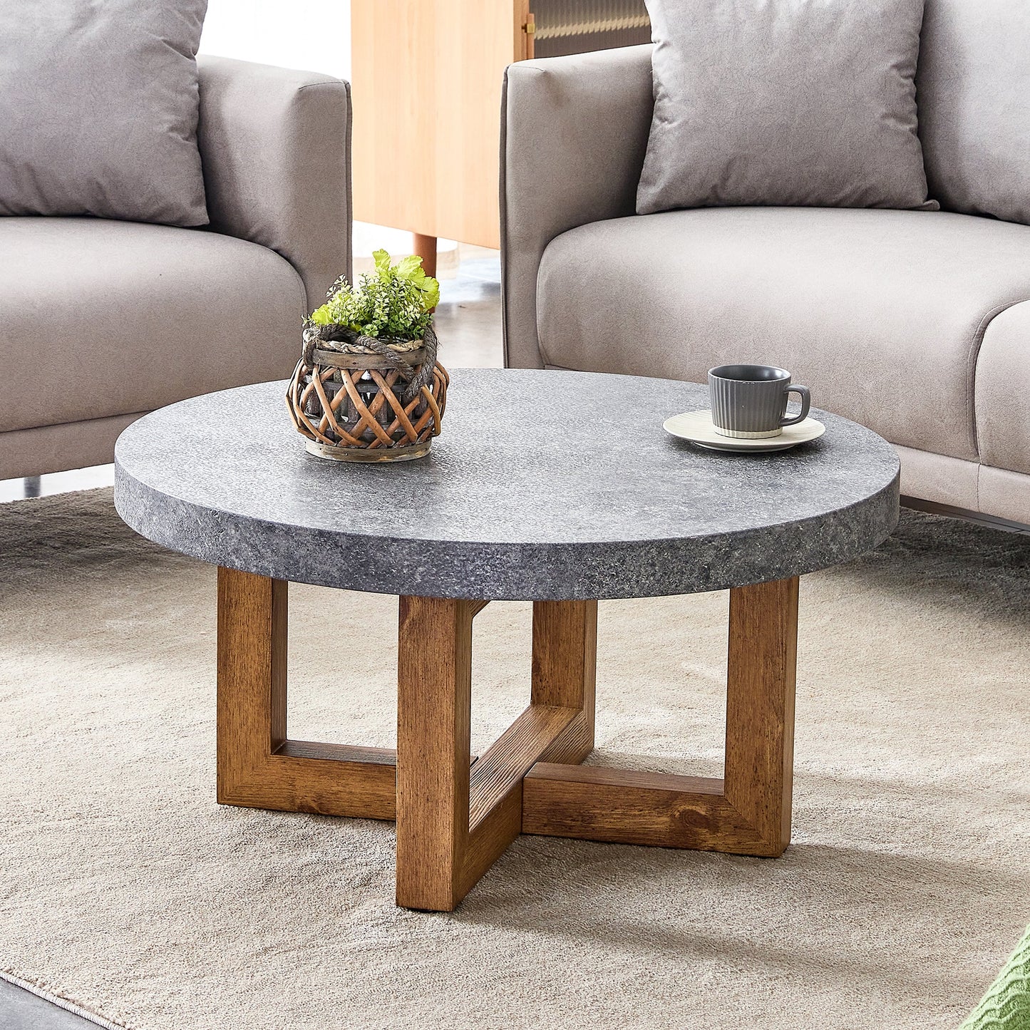 Modern Retro Gray Texture MDF Round Coffee Table with Crossed Legs,