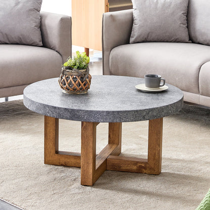 Modern Retro Gray Texture MDF Round Coffee Table with Crossed Legs,