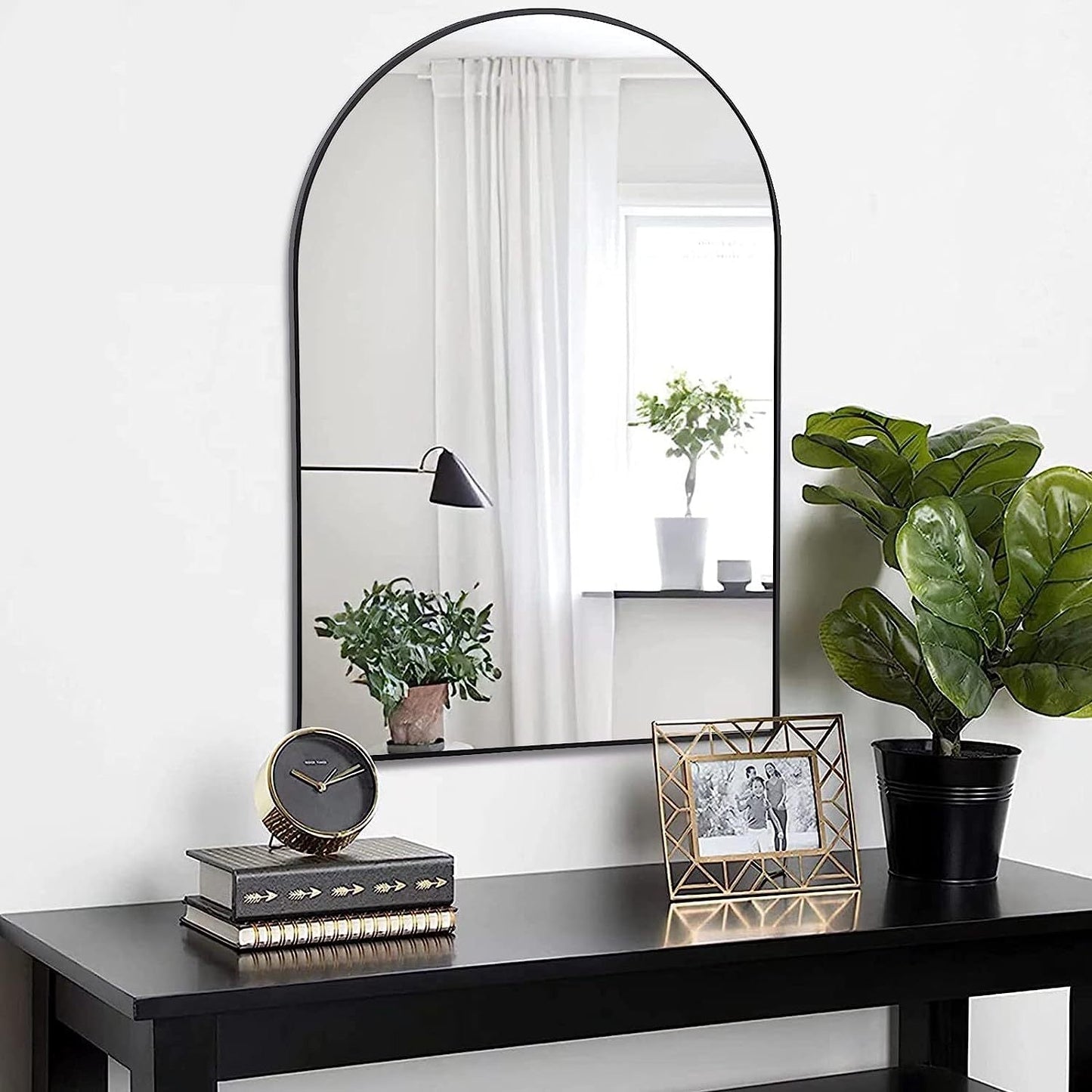 24x36 Inch Black Metal Framed Arched Bathrrom Mirror for Wall.