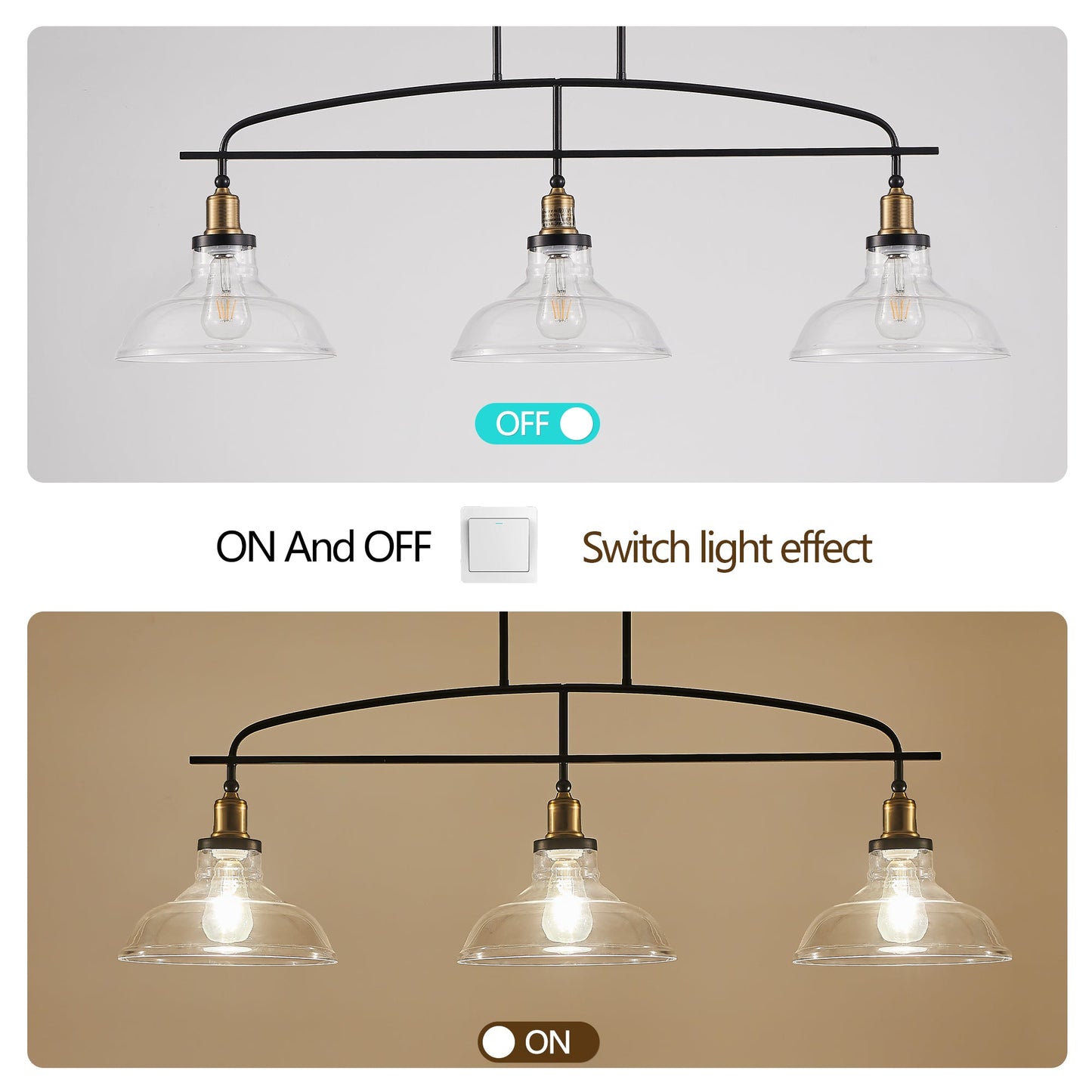 45' Industrial 3-Light Pendant Chandelier with Clear Glass Shades,