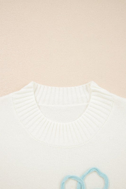 Embroidered Flower Ribbed Loose Sweater