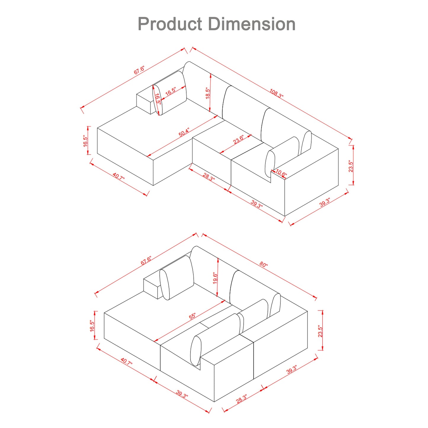108.3' Sectional Foam Couch,L Shape Sofa with Chaise Lounge,Modular