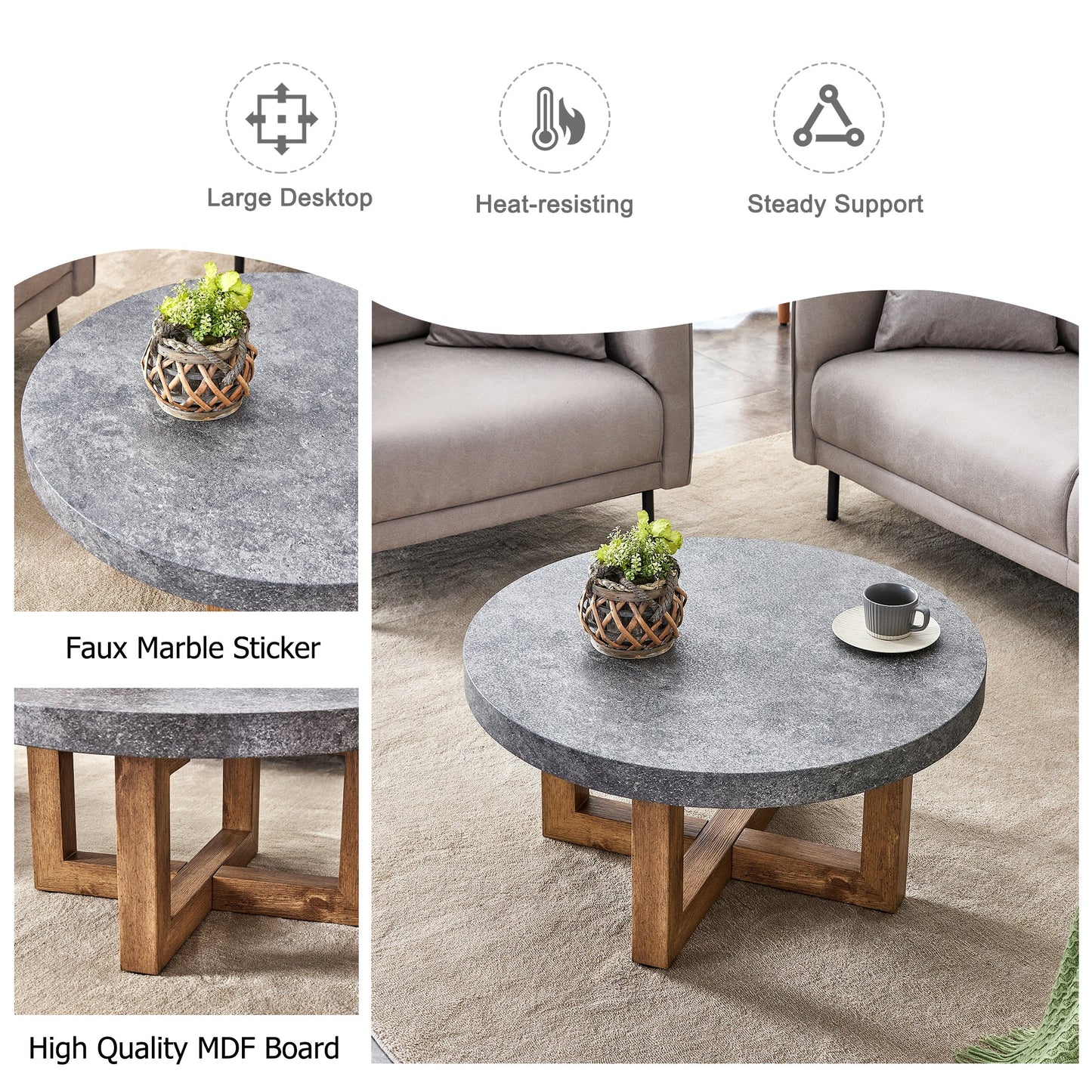 Modern Retro Gray Texture MDF Round Coffee Table with Crossed Legs,