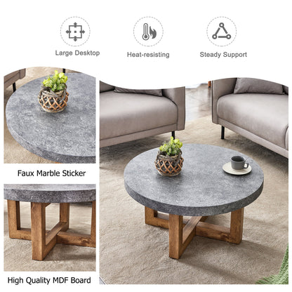 Modern Retro Gray Texture MDF Round Coffee Table with Crossed Legs,