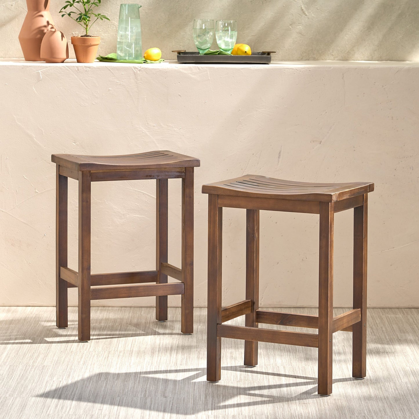 Outdoor Acacia Wood Counter Height Barstool, Set of 2, Mahogany Brown