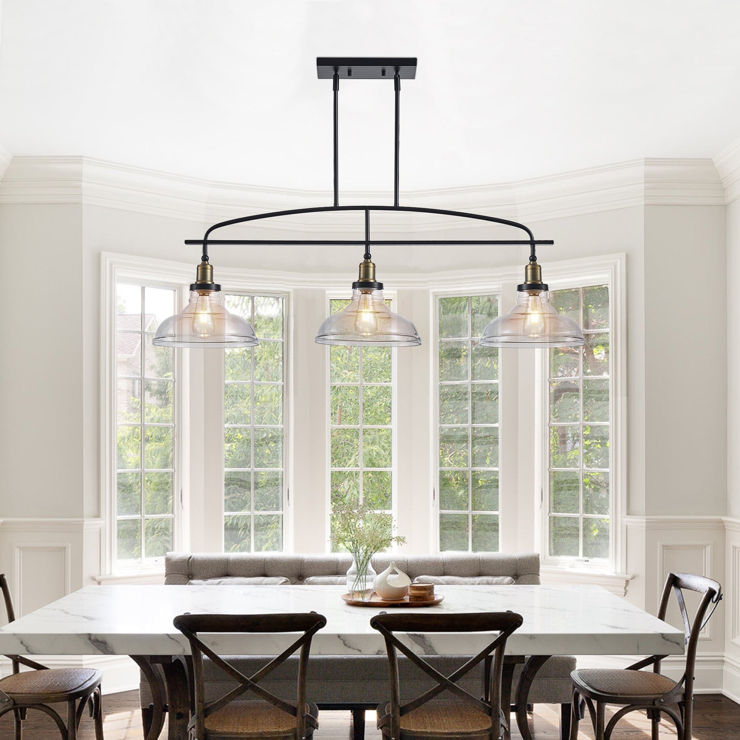 45' Industrial 3-Light Pendant Chandelier with Clear Glass Shades,