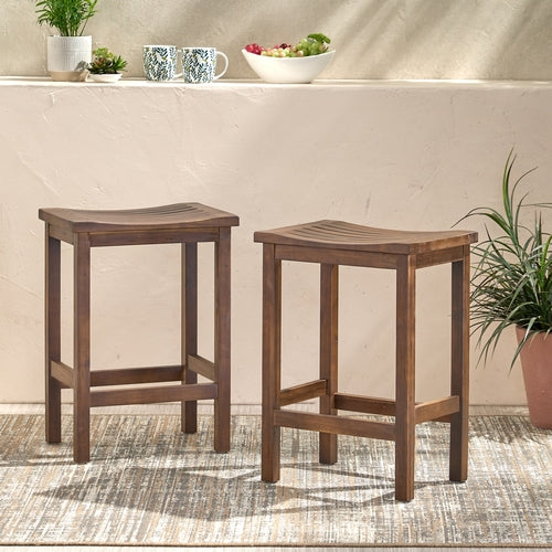 Outdoor Acacia Wood Counter Height Barstool, Set of 2, Mahogany Brown