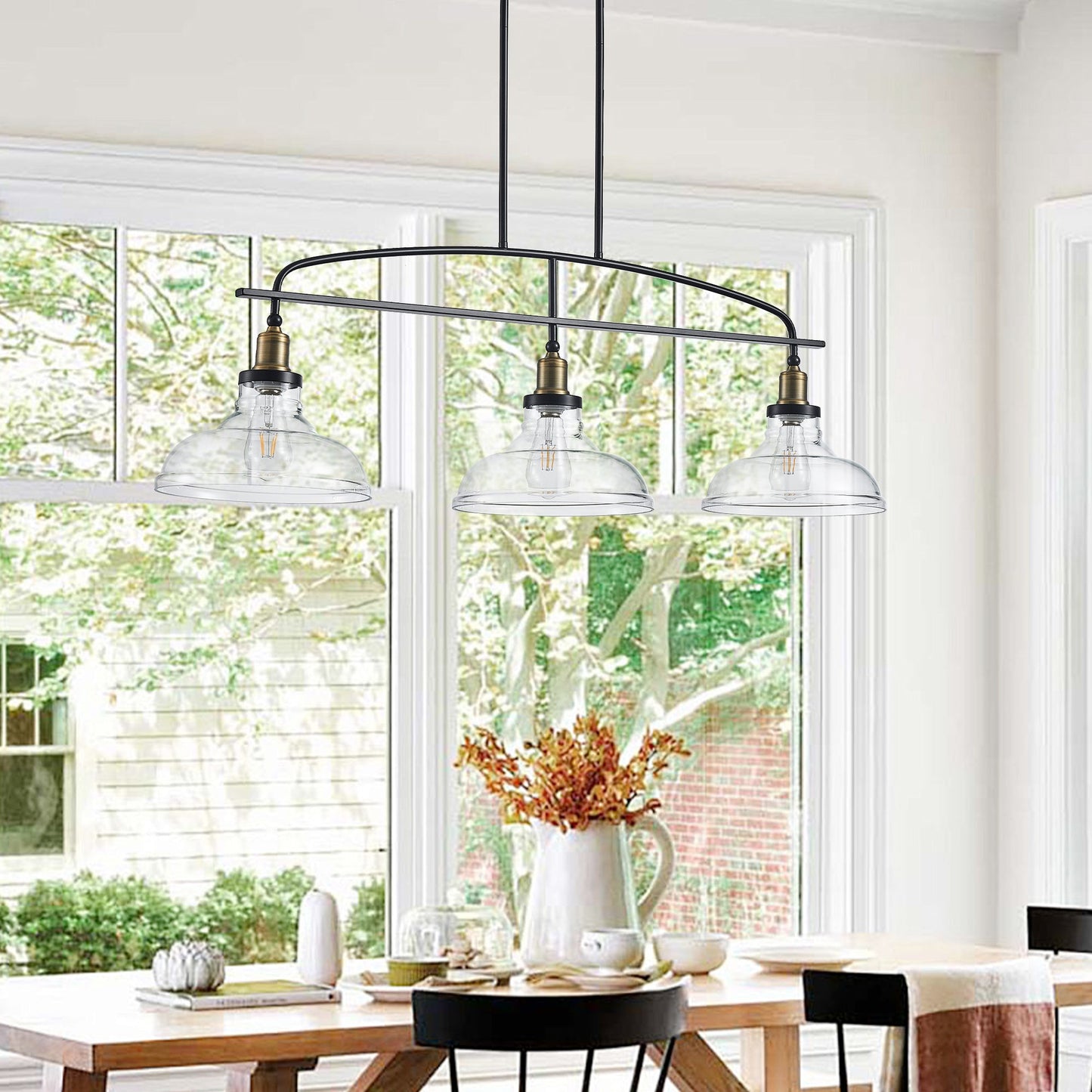 45' Industrial 3-Light Pendant Chandelier with Clear Glass Shades,
