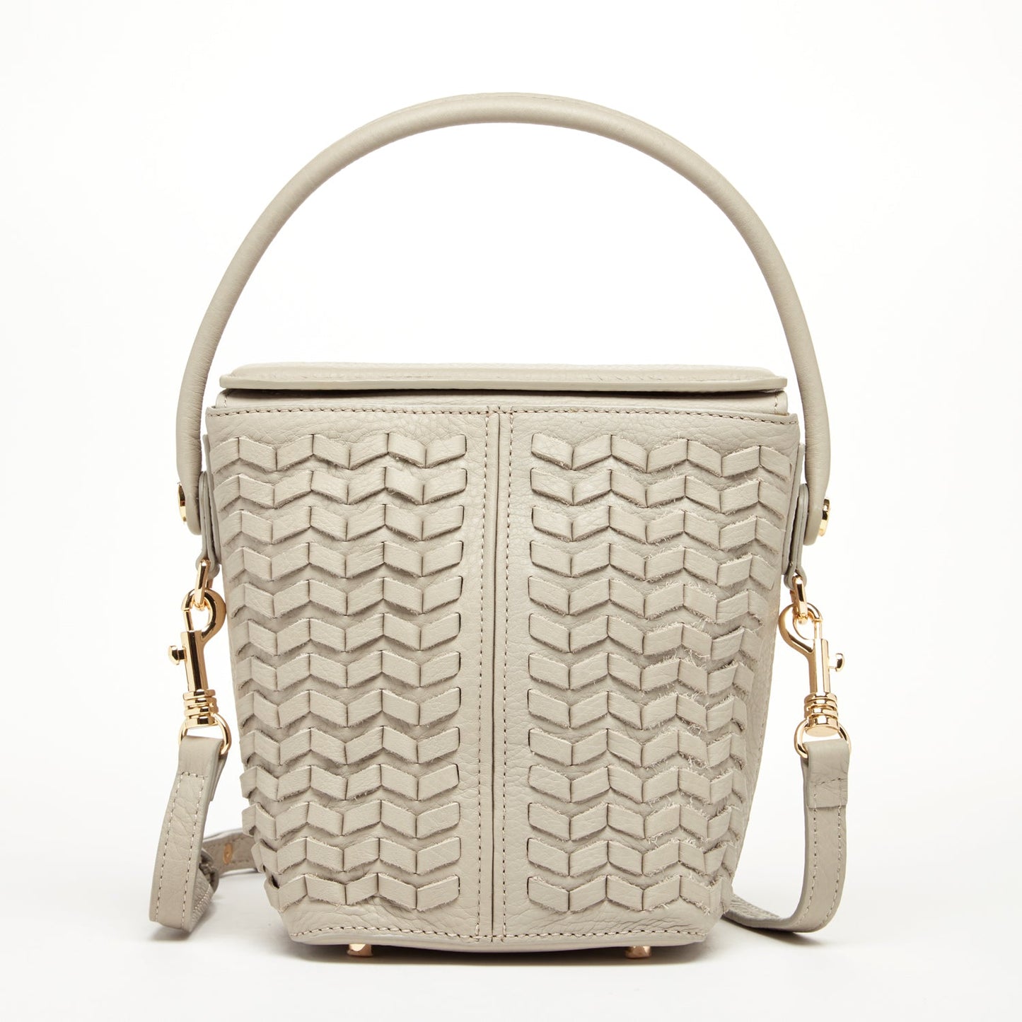 Woven Leather Bucket Bag Quilted Grayish Beige Crossbody Purse Women's