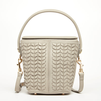 Woven Leather Bucket Bag Quilted Grayish Beige Crossbody Purse Women's