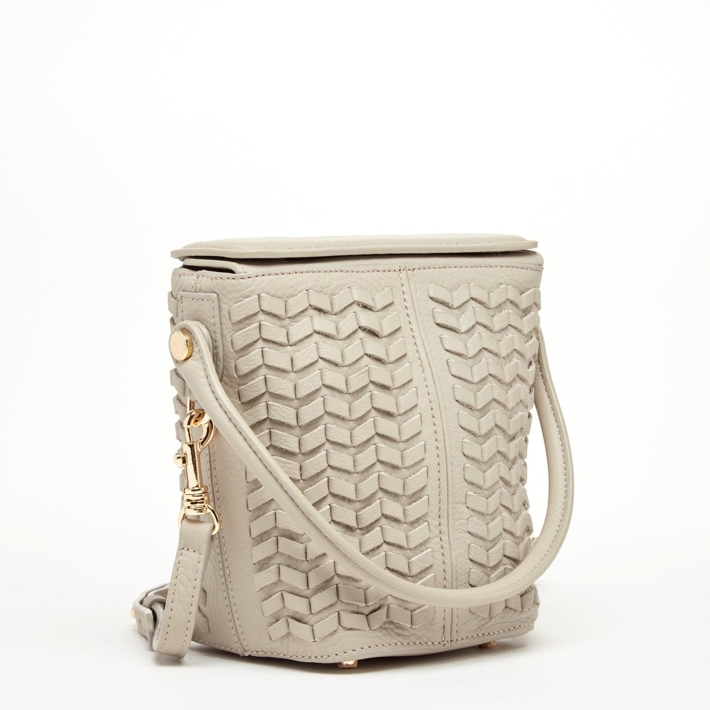 Woven Leather Bucket Bag Quilted Grayish Beige Crossbody Purse Women's