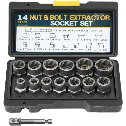 14pcs Impact Socket Set Nut And Bolt Extractor & Remover Chrome