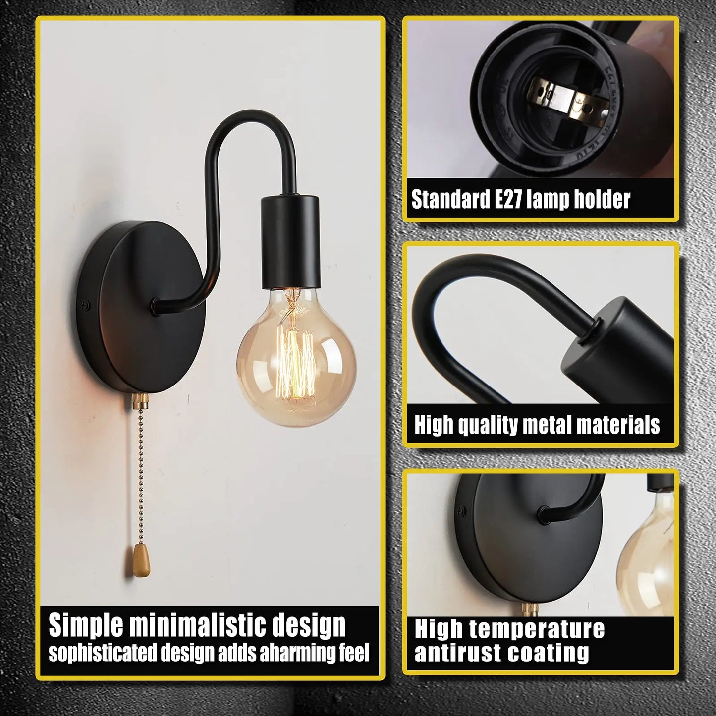 Nordic Industrial Wall Lamp Iron Black E27 Indoor Lighting Bedside