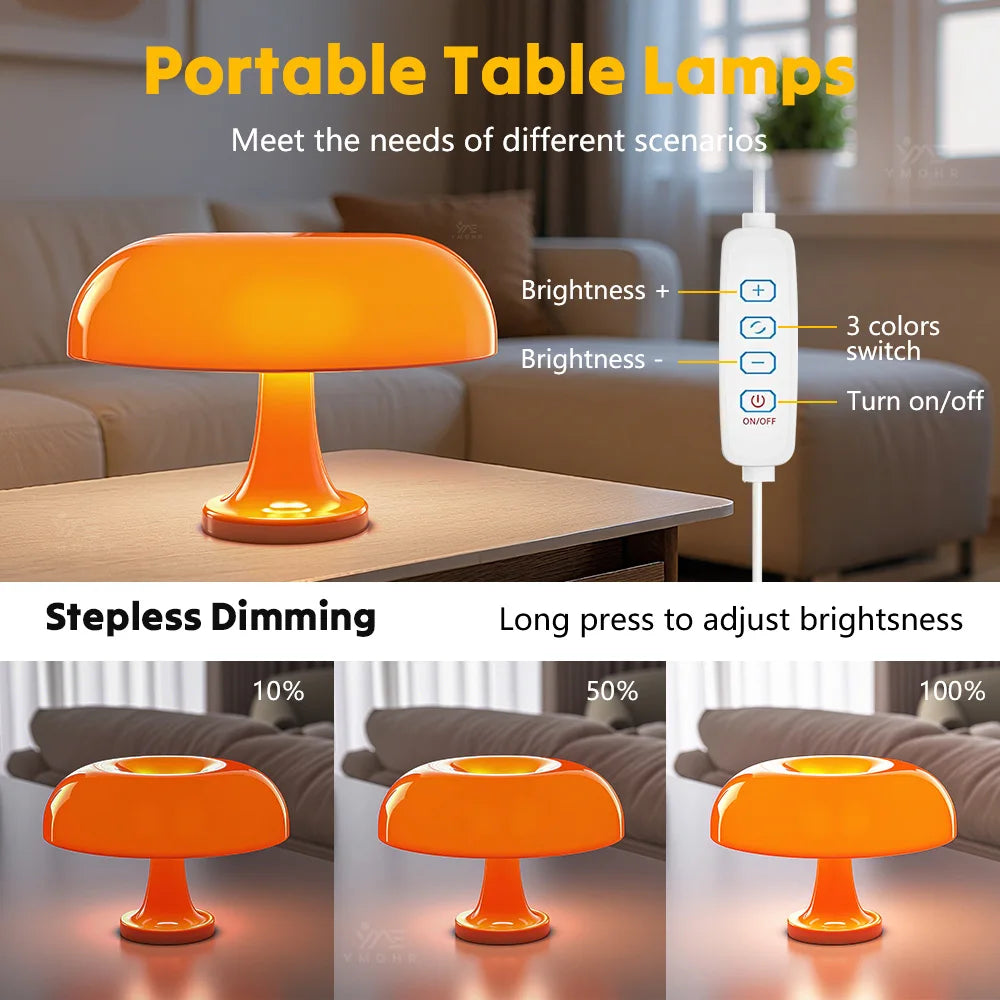 Orange Mushroom Table Lamp LED Rechargeable 3 modes Ambient Lights