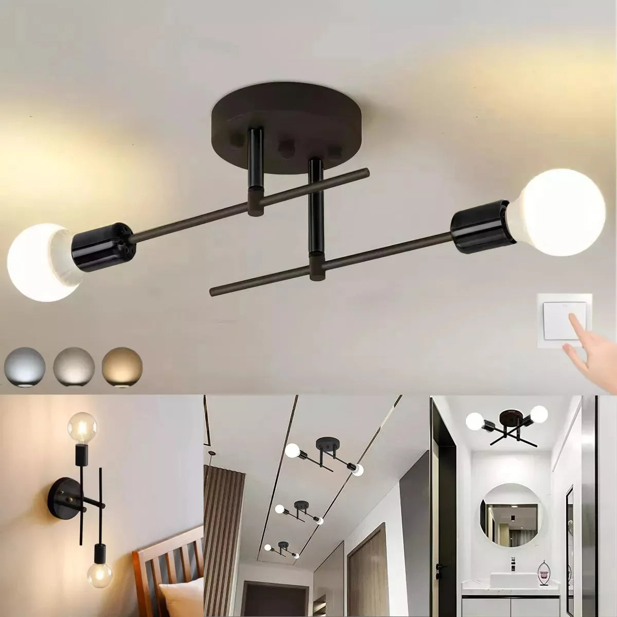 Nordic Simple Living Room Ceiling Light 2 lamps Modern Long Iron Arm