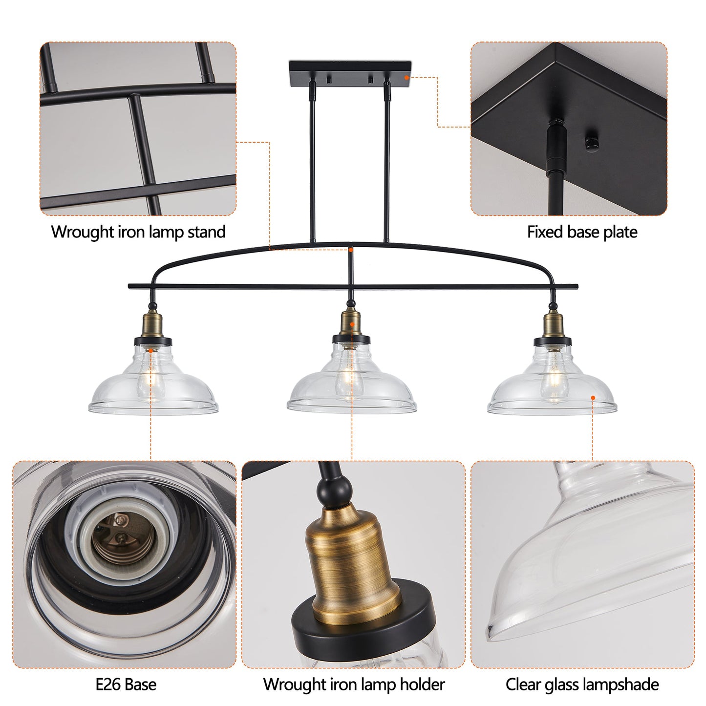 45' Industrial 3-Light Pendant Chandelier with Clear Glass Shades,