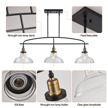 45' Industrial 3-Light Pendant Chandelier with Clear Glass Shades,