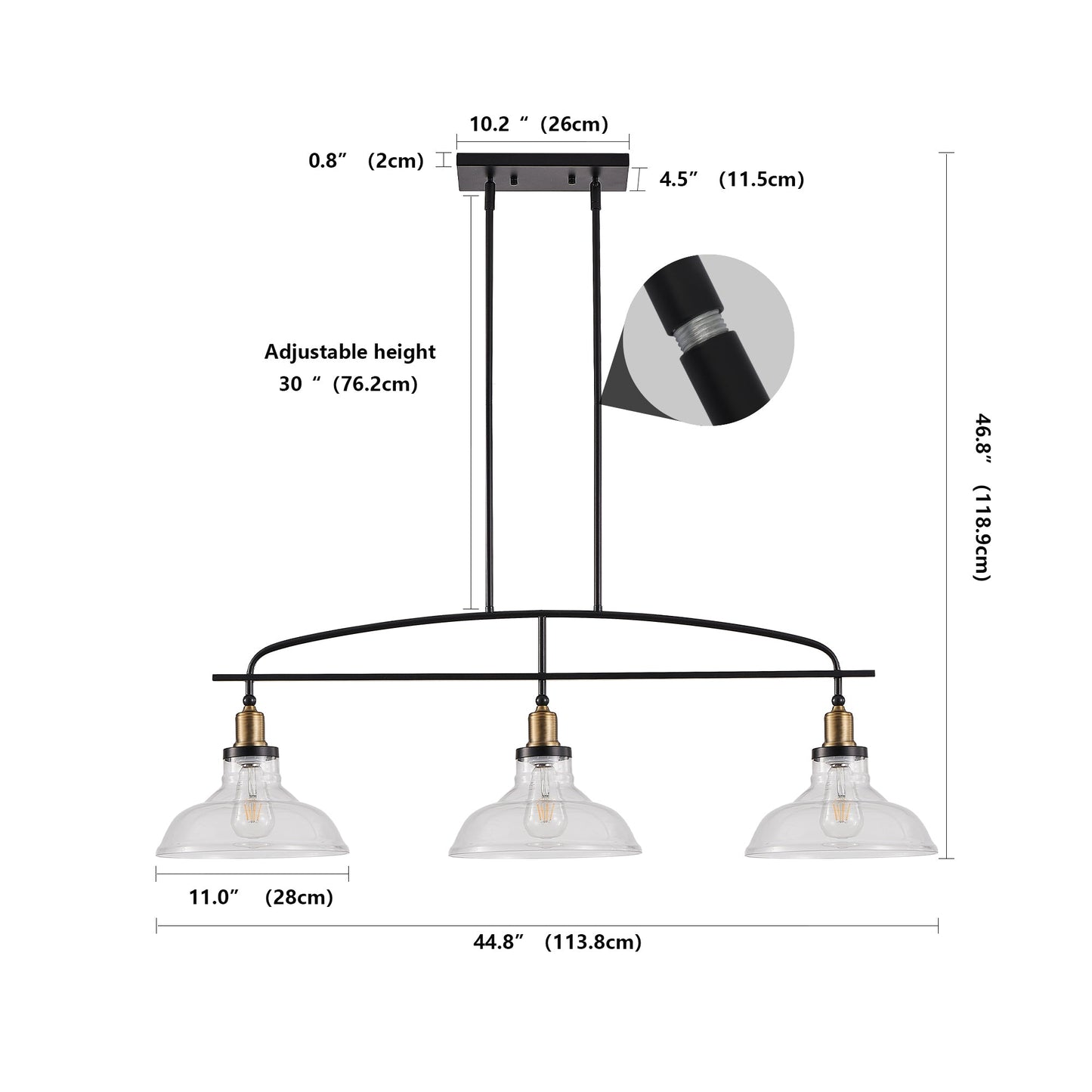 45' Industrial 3-Light Pendant Chandelier with Clear Glass Shades,