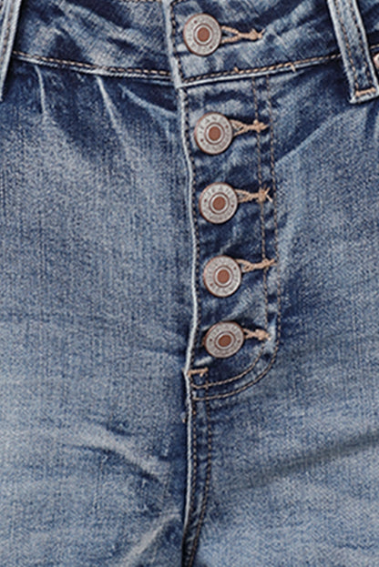 High Rise Button Fly Distressed Denim Shorts
