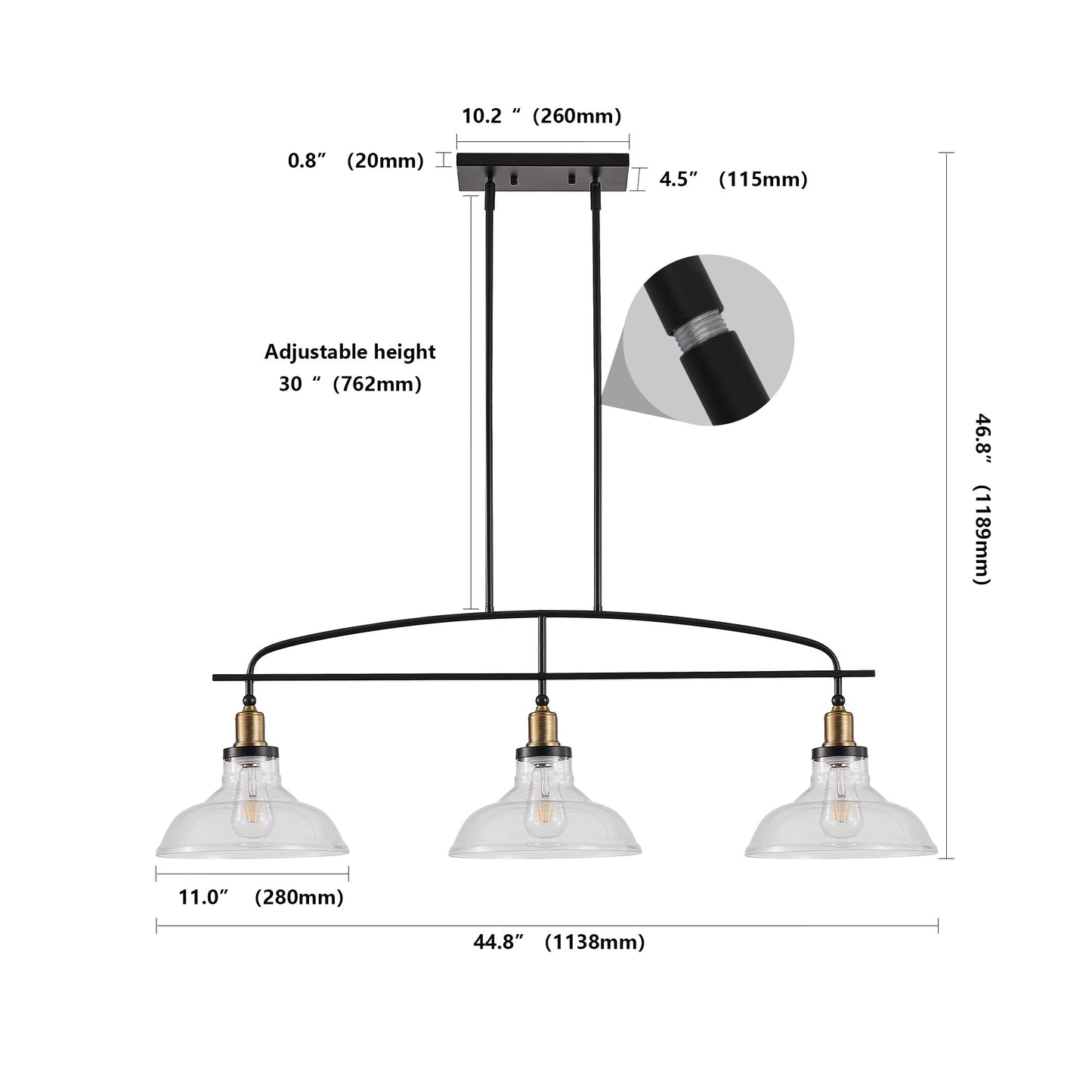 45' Industrial 3-Light Pendant Chandelier with Clear Glass Shades,