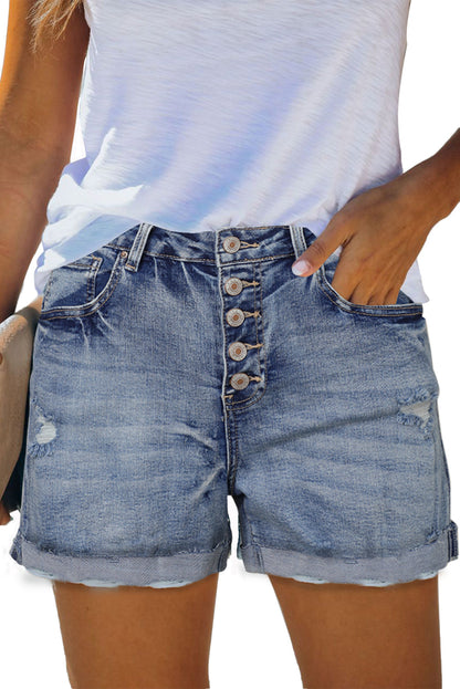 High Rise Button Fly Distressed Denim Shorts