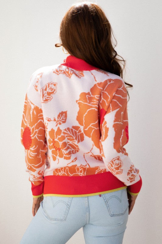 Floral Half Zip Collared Pullover Sweater