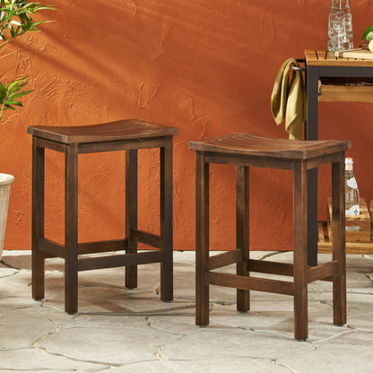 Outdoor Acacia Wood Counter Height Barstool, Set of 2, Mahogany Brown