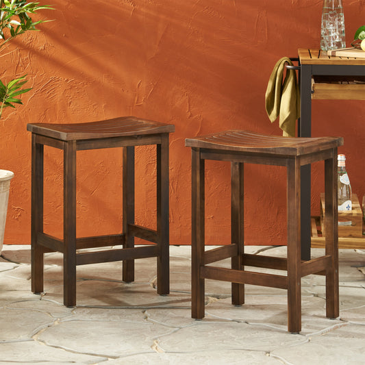 Outdoor Acacia Wood Counter Height Barstool, Set of 2, Mahogany Brown